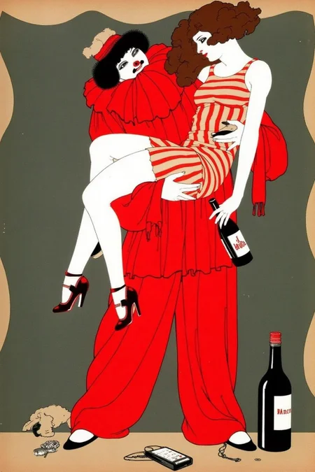 ernestogarciacabral1 illustration. A clown dressed in red is lifting a woman. The woman, in a sleeveless little dress, holds a wine bottle in her hand. A second bottle and a phone lie nearby. <lora:ernestogarciacabral1_cap_d6a3:1.0><lora:849847380298700204:0>