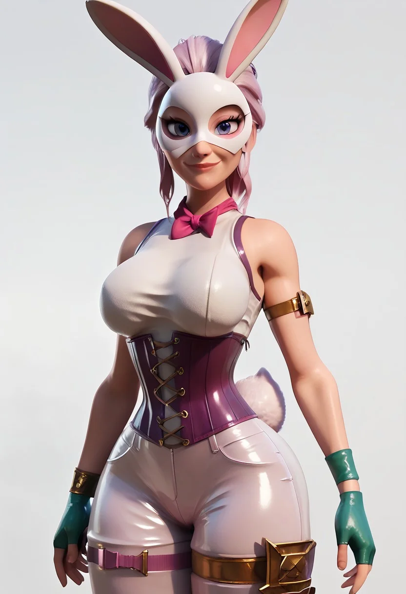 Score_9, score_8_up, score_7_up, best quality, 3d,
Stella, 1girl, Bunny Mask, skinny waist,sleeveless shirt, corset, pants, rabbit tail, fingerless gloves, kneepad, shinpad, bow thighstrap, gold wristband, bandana on arm, looking at viewer, looking at viewer, smirk, upper body, big breasts, wide hips, thick thighs, sexy, latex, skintight,