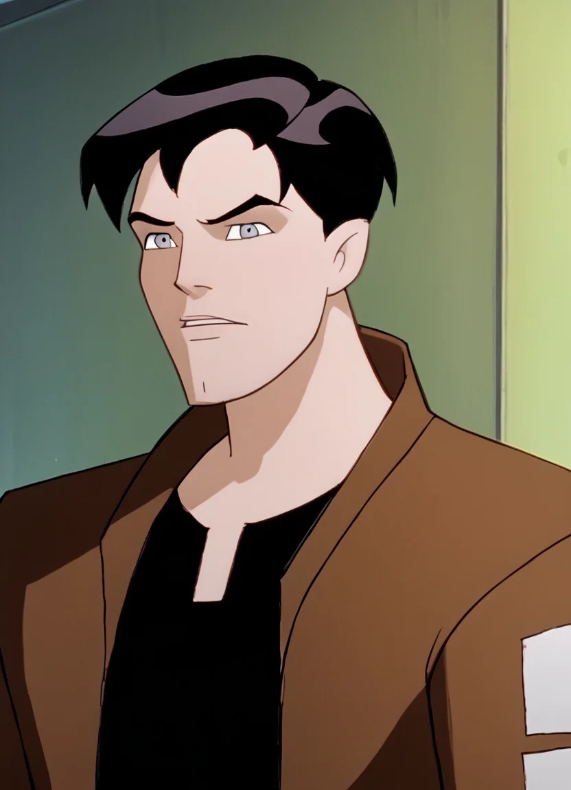 <lora:BatmanBeyondPony1.0:1>bmb, 1boy, solo, male focus,grey eyes, black hair, short hair, black shirt, brown jacket, score_9, score_8_up, score_7_up, score_6_up, score_5_up, score_4_up, looking at viewer,