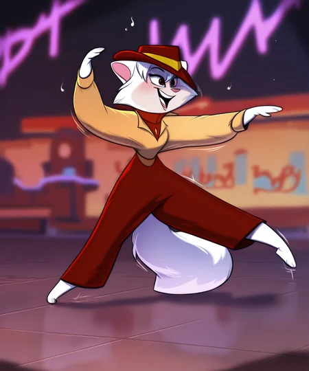 solo, sawyer, female, street clothes, red trilby, dancing, open smile, diner, by joelasko,by hyattlen,by keadonger, <lora:SawyerXL_01-Noob-nd64-lr2-ep24:1>