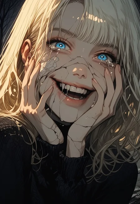 score_9, score_8_up, score_7_up,source_anime,anime,
score_9, score_8_up, score_7_up, Ellie Buckingham, ((Bright Blond hair)), Blond Hair, Blond Bright blue eyes. Very large breasts, torpedo breasts, humongous breasts
1girl,solo,
1girl, qxys, solo, detailed, extreme close up of face,, cracked skin, eyes poking out of skin, smile, holographic, iridescent, bloom, hand on own face,cracked skin,tears,thermal ,<lora:Dramatic Lighting Slider:1> <lora:holographiccolor:0.4> <lora:Detailer_NoobAI_Incrs_v1:0.5> <lora:ThermalSwirlsILL:0.6> masterpiece, best quality, amazing quality, , (horror \(theme\),:1.2)
flat color, dark theme
sinozick style
g4n1m3