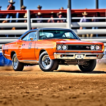 high-resolution 8k realistic photograph of an orange 68DodgeXL at the rodeo, studio lighting, rim lighting, shallow depth of field, <lora:68DodgeXL:0.85>