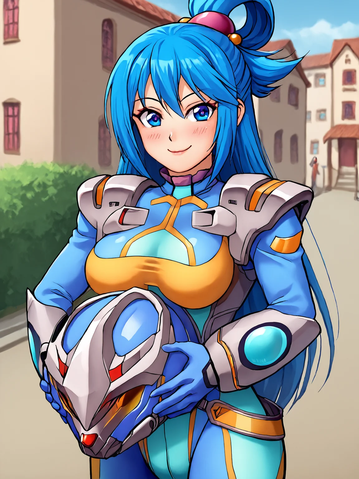 score_9, score_8_up, score_7_up, <lora:offset_0.2:0.1>, <lora:spo_sdxl_10ep_4k-data_lora_webui:1>, BREAK,
1girl, solo, BREAK,
srwbluepilotsuit, blue bodysuit, pauldrons, wrist guards, metal belt, grey armor, helmet, unworn helmet, holding helmet, <lora:Pilot_suit__Super_Robot_Wars:1>, BREAK,
aqua, long hair, blue eyes, hair ornament, very long hair, blue hair, hair rings, single hair ring, hair bobbles, <lora:konosuba-aqua-ponyxl-lora-nochekaiser:1>, BREAK,
smug, smile, blush, looking at viewer, BREAK,
outdoors, town, fountain
