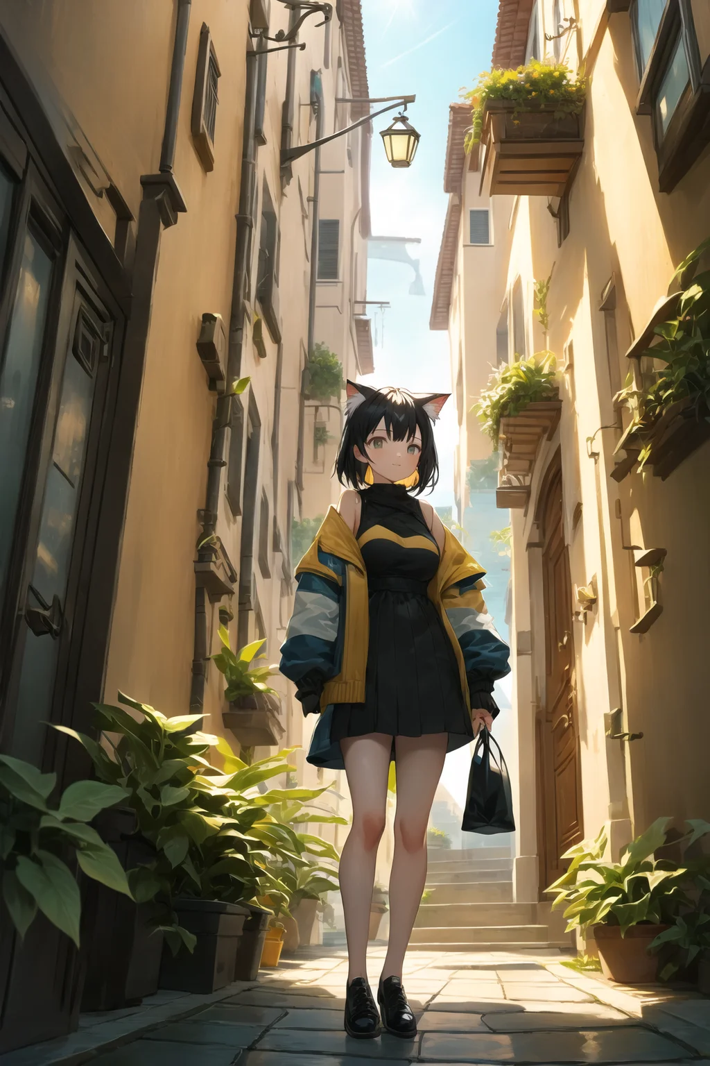 (best quality, masterpiece:1.2) 1girl, alley, cat ears, standing, outdoors, black hair, solo, holding bag, looking at viewer, building, day, black footwear, short hair, air conditioner, plant, scenery, door, tail, animal ear fluff, jacket, sunlight