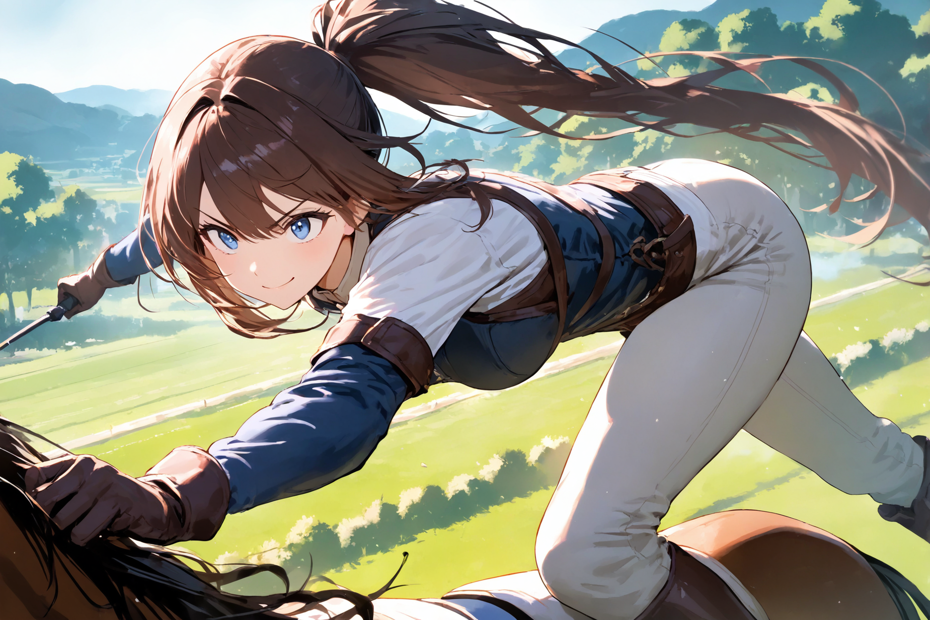 1girl, long hair, ponytail, blue eyes, smile, white shirt, riding boots, riding pants, gloves, looking forward, determined
BREAK
close-up, riding horse, horseback riding, dynamic pose, outdoors, daytime, countryside, fields, trees, sunbeams, soft lighting, masterpiece, high score, great score, absurdres