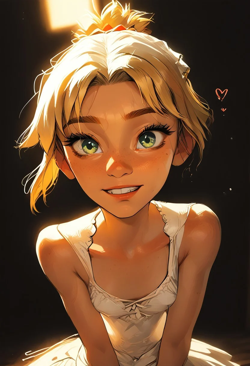 Source_anime, a woman, cute perfect face, (score_9, score_8_up, score_7_up), 1girl, 18 years old, petite, [shortstack], narrow waist, small hips, gorgeous girl ,kawai girl,  glitter makeup, oiled body, sweaty, blonde hair, short hair, ponytail, red scrunchie cute face, cute girl, looking at viewer, Expressiveh, 1girl. sweat, expressive, smile, grin, perfect smile, best smile in the world, happy, happy grin, happy face,, teeth, looking at viewer, large and thin neck, thin, fit body, small ass, small waist, short hair small chest, wide eyes, green eyes, freckles, blonde hair, short hair, Ponytail, small perky breasts, flat chest, puffy nipples, young face, kinky, adorable, petite, DB_Senya dress, wedding dress, round face, 18 years old, cutest girl in the world, cleavage, looking up, volumetric lighting, dramatic lighting, high contrast, horny, head tilted back, raw, depth of field, loving look, looking up, relaxed mouth, noises, sound effects, motion lines, action effects, hearts, floating hearts,(slim fit), , blurry background, light particles, ethereal, rating_explicit, dynamic angle, ncpy13 style, pastels drawing, dark background, motion lines, motion blur