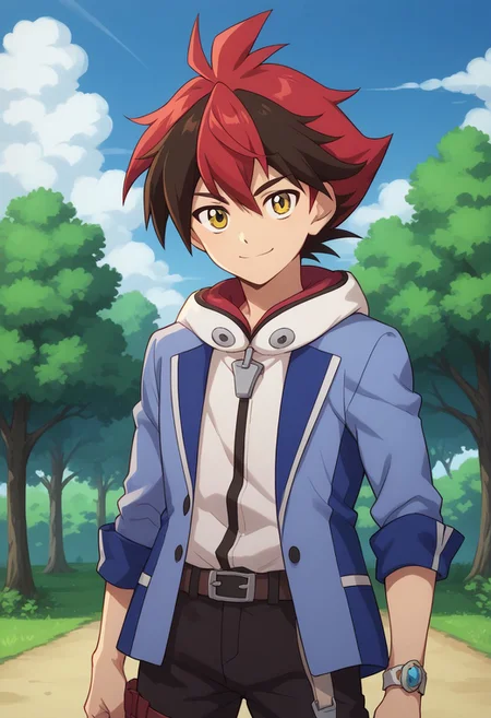score_9, score_8_up, score_7_up, source_anime, highly detailed,
hiroryuga, 1boy, male focus, red hair, solo, multicolored hair, upper body, jacket, yellow eyes, pants, looking at viewer, belt, two-tone hair, brown hair, standing, blue jacket, spiked hair, closed mouth, hood, black pants, smile,
outdoor, sky, clouds, tree