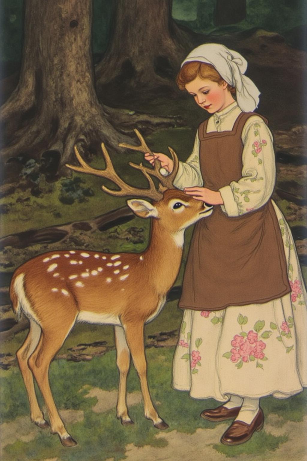 shippengreen1 illustration.
A serene, forest scene with a young girl and a deer. The girl, dressed in a white pinafore dress with a pink floral pattern, a brown apron, and a white headscarf, stands on the right side of the image. She is gently holding a deer's antler, which the deer, a doe, is leaning into, suggesting a moment of interaction or connection. The doe has a soft, brown coat with white spots and is positioned on the left side of the image, standing on a patch of grassy ground. 
 <lora:shippengreen1_cap_d6a3:1.0><lora:837361835222152578:0>