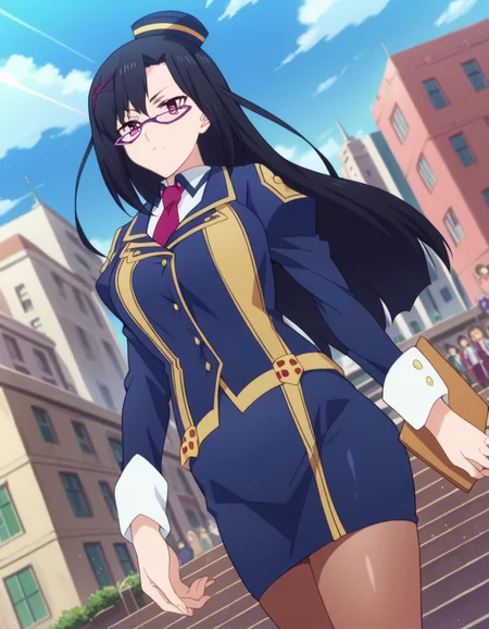 score_9, score_8_up, score_7_up, source_anime,
konosubasena, <lora:konosuba-sena-s2-ponyxl-lora-nochekaiser:1>,
sena, long hair, black hair, hair ornament, glasses, purple-framed eyewear, pink eyes,
skirt, hat, pantyhose, necktie, uniform, pencil skirt,
outdoors, cityscape,
looking at viewer, dutch angle, cowboy shot,