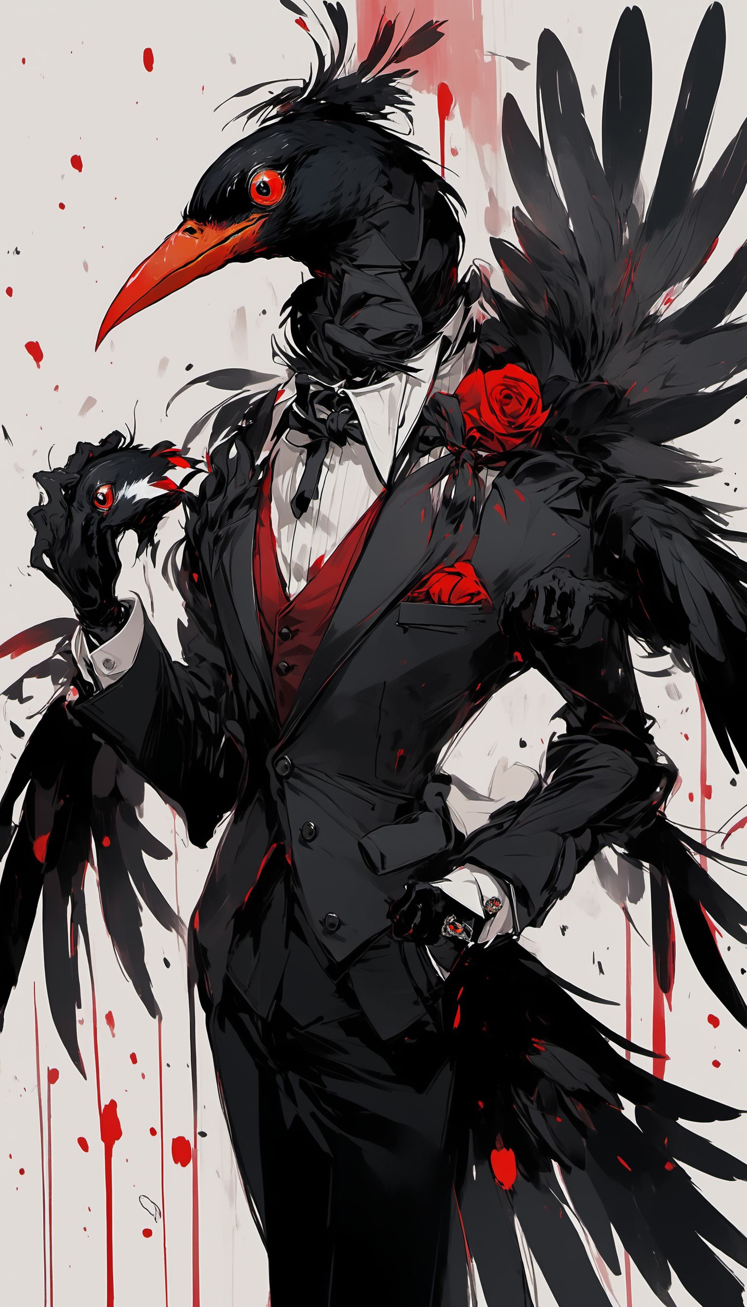 <lora:[XL]dark_fantasy_creature:1>a black bird with red eyes and a suit on, standing in front of a white background with red spots