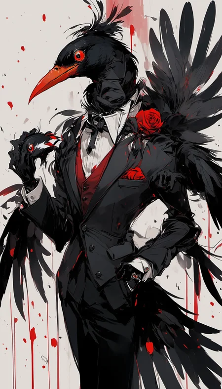 <lora:[XL]dark_fantasy_creature:1>a black bird with red eyes and a suit on, standing in front of a white background with red spots