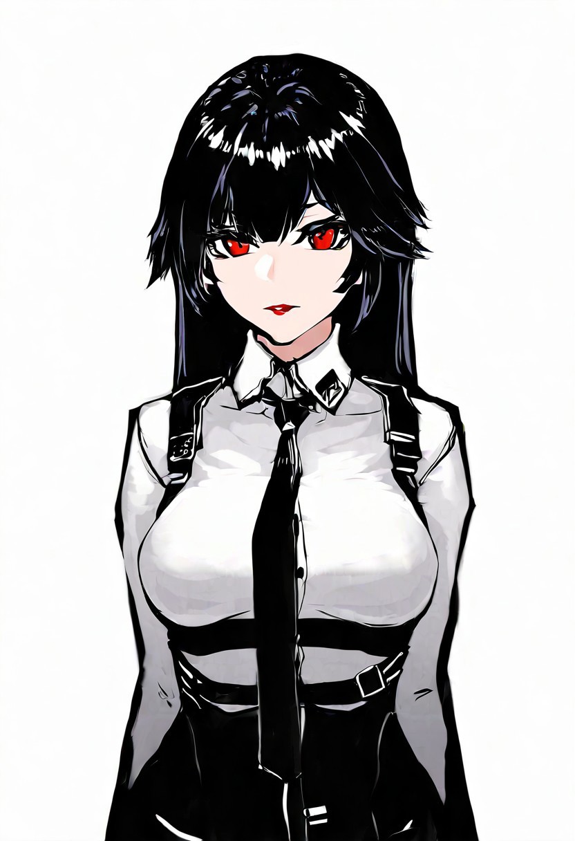 High resolution, high quality detail, character emphasis, 1 girl, SVUmk-2 Tramp (Girls' Frontline), highly detailed face, highly detailed hair, high quality face, red lips, medium breasts, white shirt (shirt tie), half body, standing, masterpiece, top quality, very aesthetically pleasing, no background