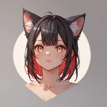(score_9), (score_8_up), (score_7_up), (score_6_up), (score_5_up), (score_4_up), black hair, two-toned white and red hair, Multicolored hair, colored inner hair, long hair, detailed eyes, full body, cute, cute dress, Catgirl