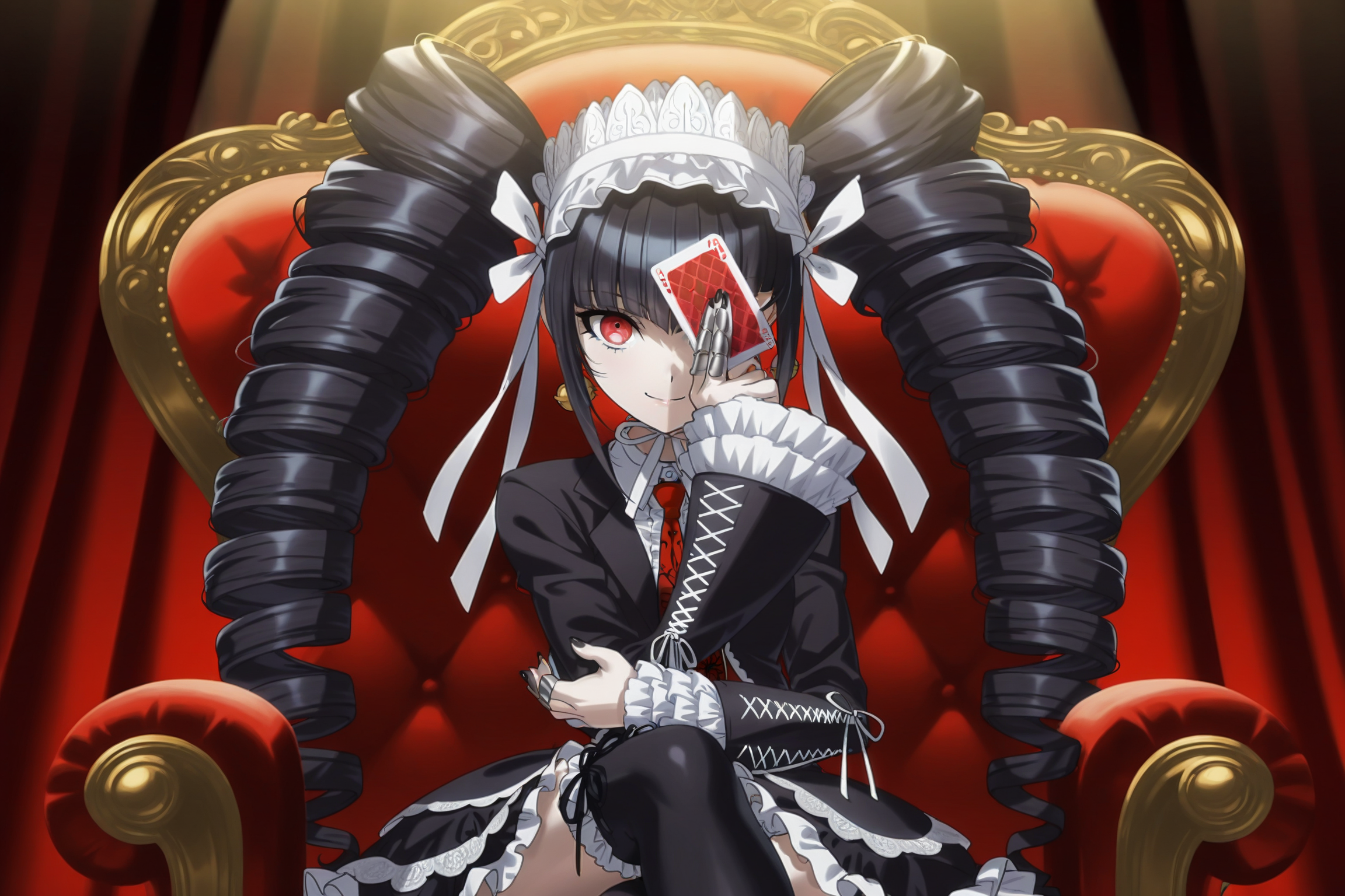 anime screencap, masterpiece, best quality, amazing quality, very aesthetic, absurdres,  newest, (scenery, volumetric lighting),
celestia ludenberg, 1girl, solo, long hair, looking at viewer, smile, black hair, red eyes, long sleeves, holding, twintails, jewelry, sitting, black jacket, bell earrings, frills, print necktie, black thighhighs, nail polish, drill hair, crossed legs, frilled sleeves, red necktie, couch, twin drills, card, gothic fashion, bonnet, playing card, holding card, armchair, claw ring, hand on own elbow, covering one eye, frilled thighhighs
<lora:Celestia_IL:0.8>