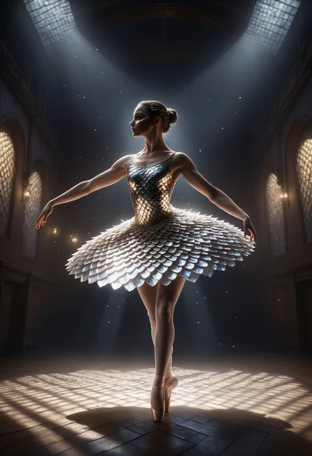 cinematic still, prismatic spotlight, a ballerina made of scales, dark ambience, digital artwork, illustrative, painterly, matte painting, highly detailed
<lora:dvrscls:0.8> drvscls