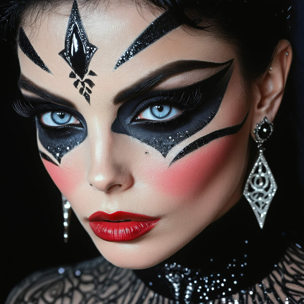 <lora:Mystic_Vogue_80s__Occult_PopSDXL:1> Mystic Vogue 80s Occult Pop, The image is a close-up portrait of a woman's face and upper body. She has dark hair styled in a dramatic and dramatic manner with dark makeup and dramatic eye makeup. Her face is painted with a black and white color scheme with bold lines and bold red lipstick. Her eyes are painted with dark blue eyeshadow and her eyebrows are heavily lined with black eyeliner. Her lips are painted a deep red color and her nose is painted a light pink. She is wearing a black top with a high neckline and long pointed earrings. Her hands are covered in black and silver glitter with intricate designs on them. The background is dark and out of focus making the woman's features stand out even more. The overall mood of the image is dark with a sense of power and power., solo, looking at viewer, blue eyes, black hair, makeup, 1girl, black background, eyelashes, jewelry, portrait