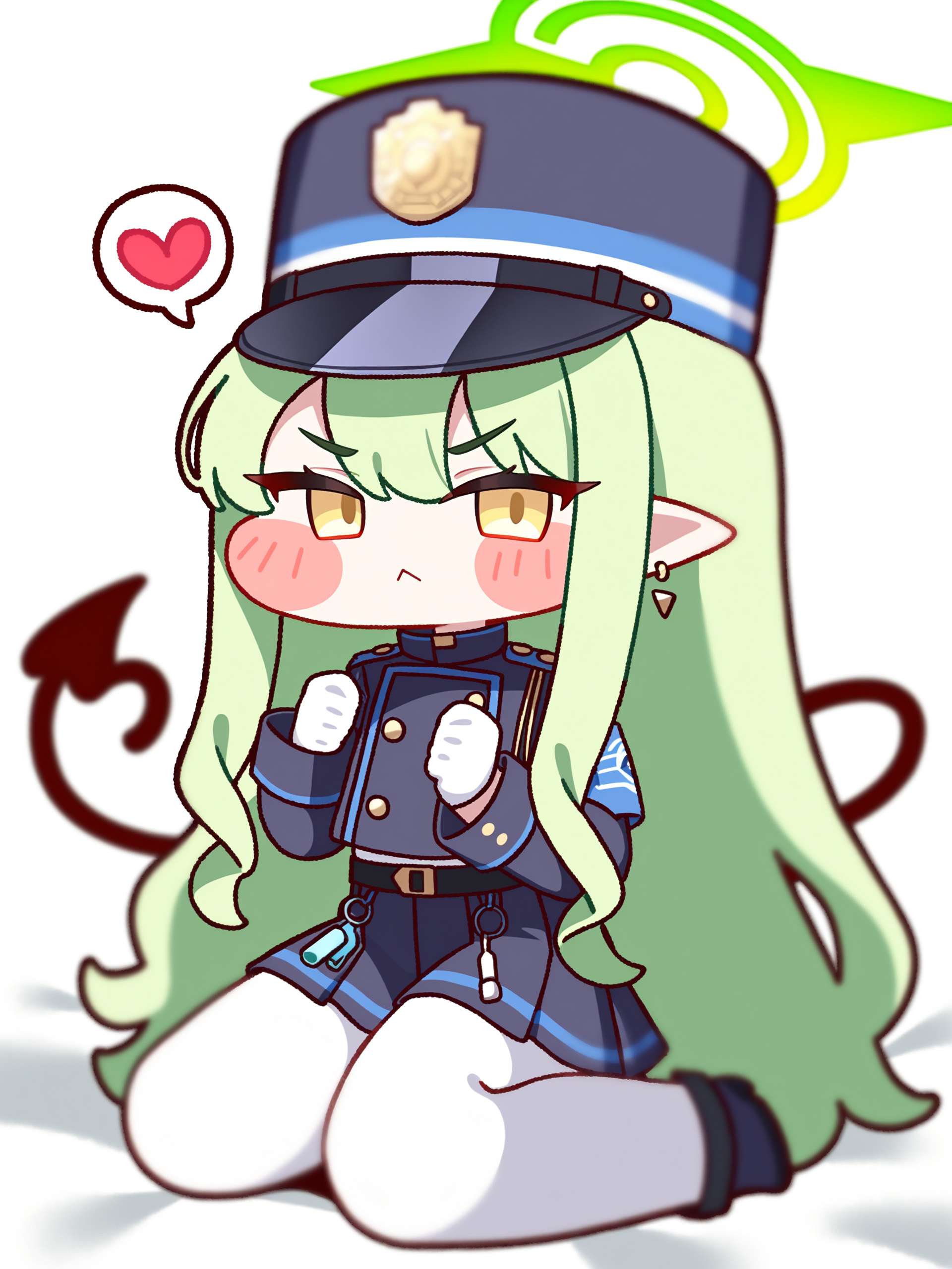 trickcalcg, ((chibi, blush stickers, blush)), blue archive, hikari \(blue archive\), 1girl, :<, armband, belt, black belt, blue armband, blue hat, blue jacket, blue skirt, blush, buttons, clenched hands, closed mouth, demon tail, earrings, flat chest, gloves, green hair, green halo, hair between eyes, halo, hat, heart, heart tail, jacket, jewelry, long hair, long sleeves, looking at viewer, on bed, pantyhose, pleated skirt, pointy ears, sidelocks, sitting, skirt, solo, spoken heart, tail, thighs, v-shaped eyebrows, wariza, whistle, white background, white gloves, white pantyhose, yellow eyes, 
colorful, (best shadow:1.2), golden hour lighting, (Depth of field:1.2), beautiful detailed glow, 
(masterpiece, best quality, absurdres, highres, newest:1.2), very awa, 