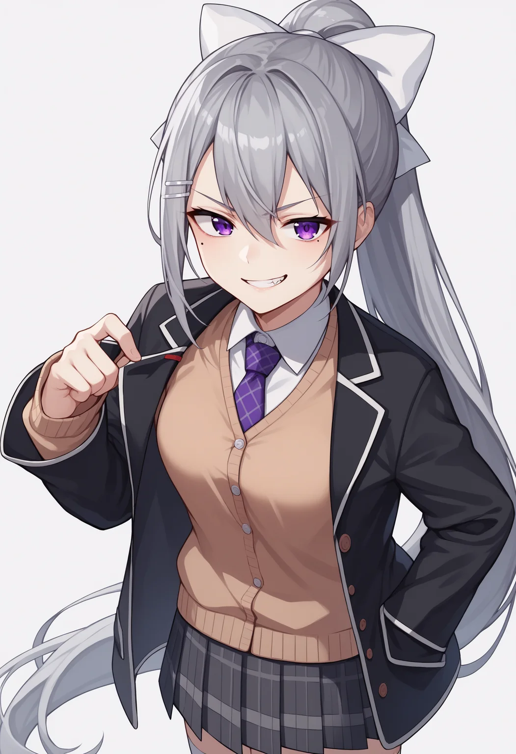 score_9, score_8_up, score_7_up, source_anime, hk1, purple eyes, grey hair, hair between eyes, long hair, very long hair, ponytail,  mole, mole under eye, bow, white bow, hair bow, hairclip, hair ornament, shirt, white shirt, necktie, purple necktie, cardigan, brown cardigan, jacket, black jacket, blazer, skirt, grey skirt, plaid skirt, socks, white socks, smug, evil grin<lora:HiguchiKaedeXLv2-16:1>