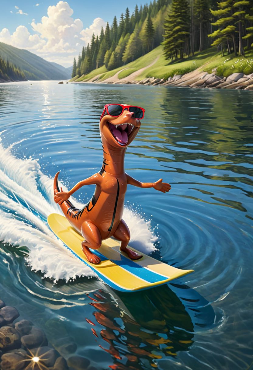 Illustrate a playful and imaginative scene of an anthropomorphic earthworm engaging in water skiing. The earthworm, with a whimsical and lively expression, is depicted wearing a vibrant swimsuit and sunglasses, exuding a sense of adventure and thrill. Its elongated body gracefully glides across the water's surface, leaving a trail of splashing water behind. The earthworm's tiny hands grip the water skis firmly, showcasing its determination and agility. The surrounding scenery features a sparkling body of water under a bright, sunny sky, with gentle waves adding a dynamic element to the scene. The earthworm's carefree and exhilarating water skiing adventure captures the essence of fun and excitement in a whimsical and delightful way.