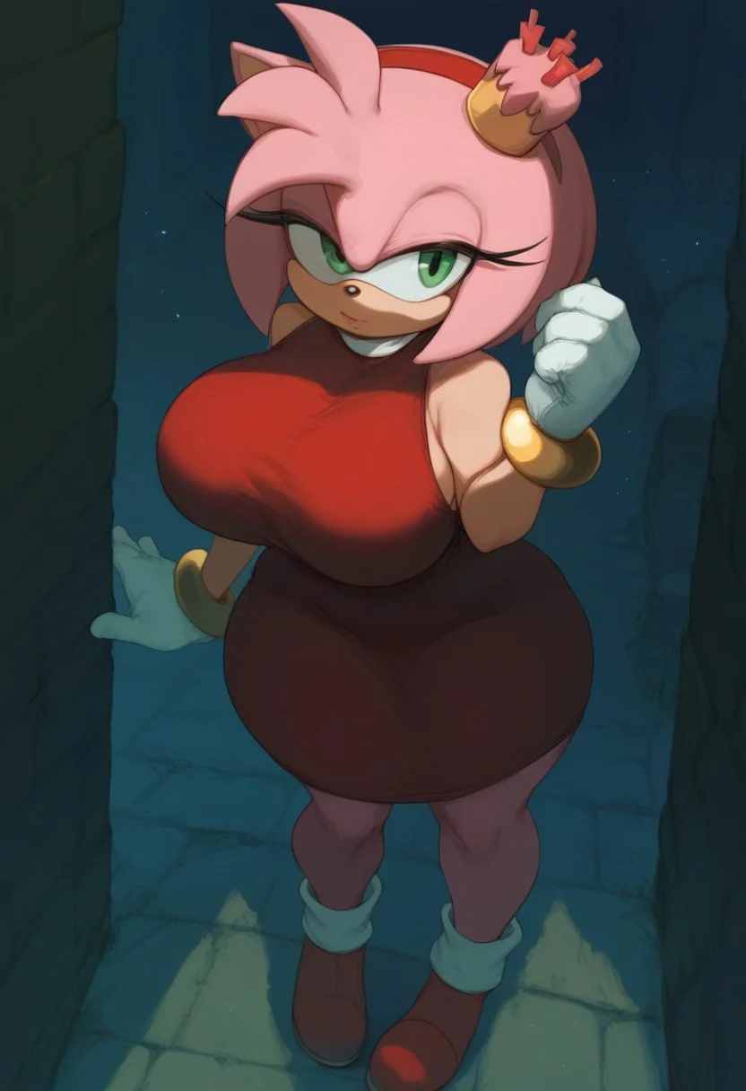 score_9, score_8_up, score_7_up, score_6_up, pin-up, csr style, 
BREAK
sexy woman, gorgeous, sensual, anthro, female, <lora:Amy_Rose:1>, amy rose, 1girl, looking at viewer, gloves, dress, jewelry, standing, full body, hairband, food, shoes, sleeveless, white gloves, skin tone arms, bracelet, dynamic pose, indoors, red dress, crown, red footwear, red hairband, animal nose, green eyes, animal ears, pink hair, pink fur, sexy, solo, curvy, busty, giant breasts, gigantic breasts, wide hips, scary, sexy, thick thighs, beautiful, fully clothed
BREAK 
Sensual sexy pose, OverallDetail, Expressiveh