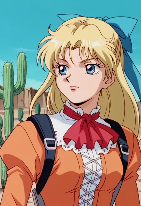 score_8, score_8_up, score_7_up, AWGXS, anime screenshot, retro artstyle,1990s (style), cel animation BREAK 1girl, female focus, solo, Maya_WA, blonde hair, long hair, hair bow, blue hair bow, Blue eyes, ascot, red ascot, orange dress, dress, long sleeves, shoulder holster, cross-laced clothes, upper body, outdoors, desert, cactus, canyon, blue sky,