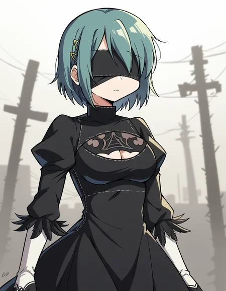 score_9, score_8_up, score_7_up, source_anime, <lora:sayaka-miki-s1-ponyxl-lora-nochekaiser:1>, sayaka miki, short hair, blue eyes, hair ornament, blue hair, hairclip, medium breasts,, <lora:2b-cosplay-ponyxl-lora-nochekaiser:1>, 2bcosplay, 2b (nier:automata) (cosplay), gloves, long sleeves, dress, puffy sleeves, black dress, clothing cutout, cleavage cutout, juliet sleeves, feather-trimmed sleeves, blindfold, black blindfold, covered eyes,, wasteland, , dutch angle, cowboy shot