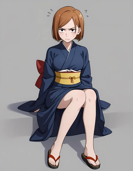 <lora:Nobara_v2:1>1girl, n0bara, kimono, embarrassed, annoyed, sitting, sandals, simple background