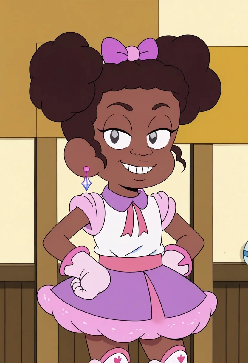 score_9, 1girl, Solo, SparkleC_CotC, brown skin, shiny grey eyes, dark brown eyebrows, dark brown hair, two poufy side buns, hot pink crystal earrings, light pink gloves, pink bow, white top with light pink rolled-up sleeves, hot pink ribbon collar, pink skirt, hot pink ribbon, white and pinkboots, looking at viewer, smile, half-closed eyes, cowboy shot, indoors, hands on hips, retro artstyle, short stature