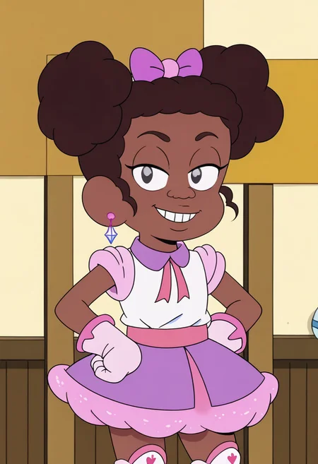 score_9, 1girl, Solo, SparkleC_CotC, brown skin, shiny grey eyes, dark brown eyebrows, dark brown hair, two poufy side buns, hot pink crystal earrings, light pink gloves, pink bow, white top with light pink rolled-up sleeves, hot pink ribbon collar, pink skirt, hot pink ribbon, white and pinkboots, looking at viewer, smile, half-closed eyes, cowboy shot, indoors, hands on hips, retro artstyle, short stature