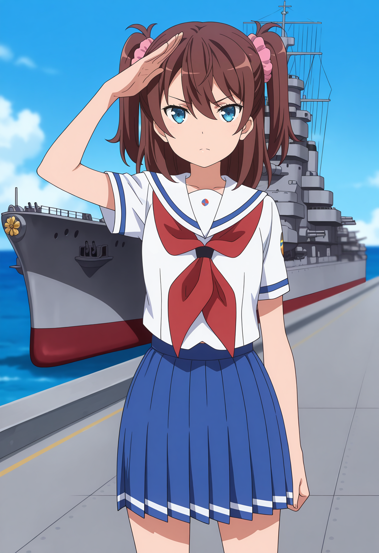 anime screencap, masterpiece, best quality,
<lora:HighSchoolFleet_OgasawaraHikari_IlluXL:0.9>,
1girl, solo, serious,
two side up, hair between eyes, brown hair, blue eyes, hair scrunchie, pink scrunchie,
white sailor collar, white shirt, red neckerchief, short sleeves, pleated skirt, blue skirt,
salute, standing, looking at viewer, cowboy shot, legs,
horizon, dock, outdoors, battleship, warship, blue sky, blurry background