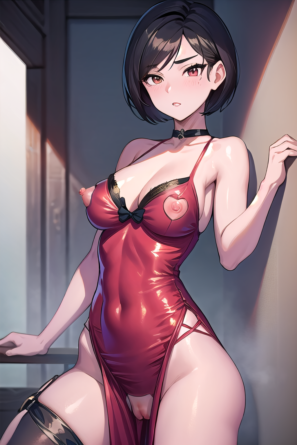 masterpiece, best quality, ultra-high-detailed, nipple cutout, nipples,  1girl, adachina, china dress, choker, cleavage, thigh strap, side slit