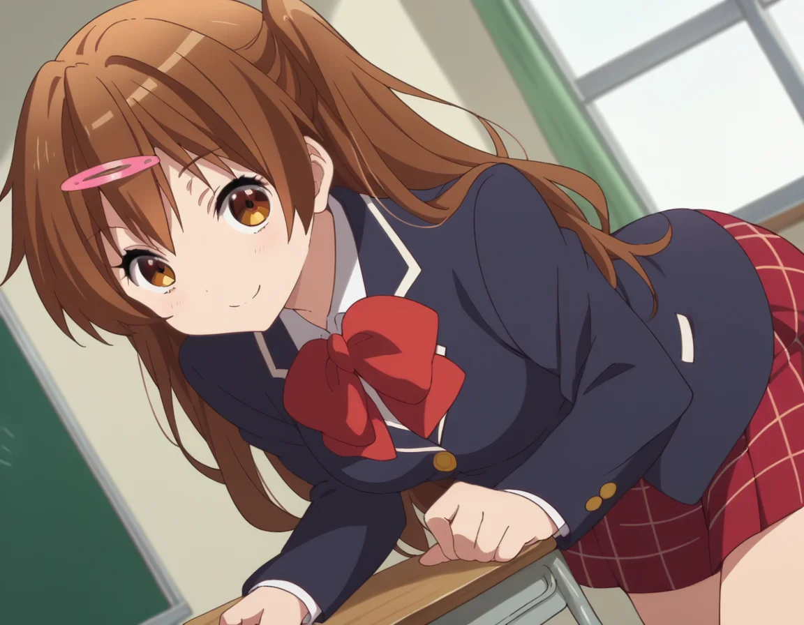 score_9, score_8_up, score_7_up, source_anime,
shinkanibutani, <lora:shinka-nibutani-s2-ponyxl-lora-nochekaiser:1>,
shinka nibutani, long hair, brown hair, hair ornament, brown eyes, hairclip, one side up,
skirt, school uniform, jacket, plaid, kneehighs, plaid skirt, blazer, icho private high school uniform, blue blazer,
indoors, classroom, bent over, smile,
looking at viewer, cowboy shot, dutch angle, solo,
