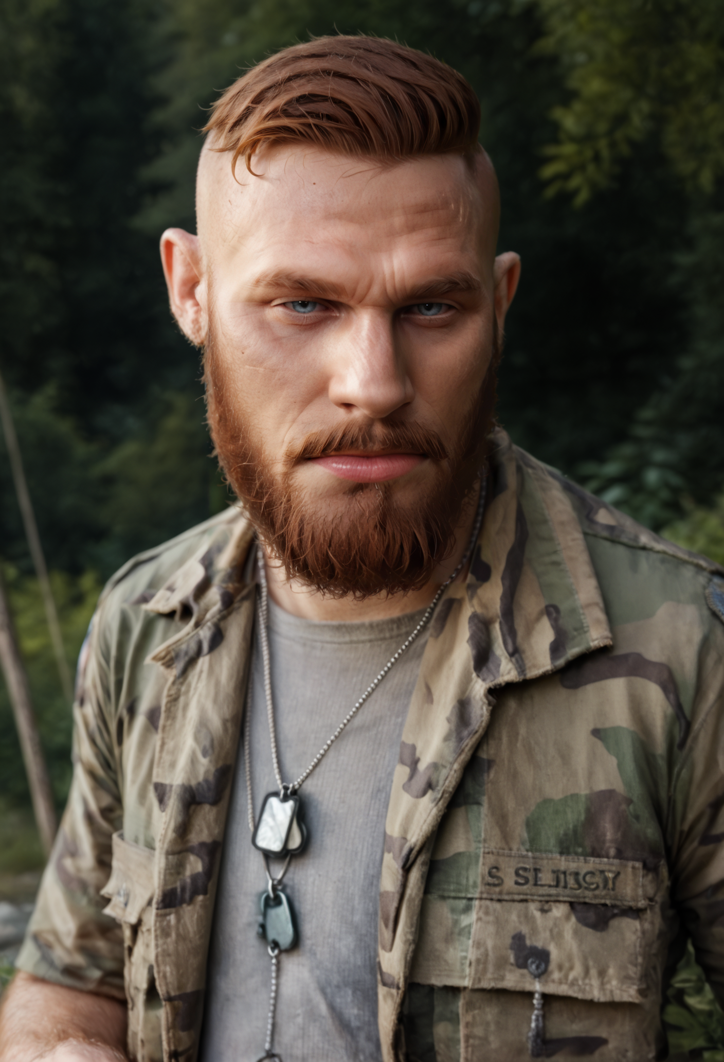 score_9, score_8_up, score_7_up, 1boy, male focus, mature male, blue eyes, short hair, undercut, facial hair, beard, mustache, upper body, grey_shirt, camouflage_jacket, dog_tags, necklace,
standing, looking at viewer,
outdoor, forest, night, <lora:Jacob_Seed_2:1> raw, photo, realistic,