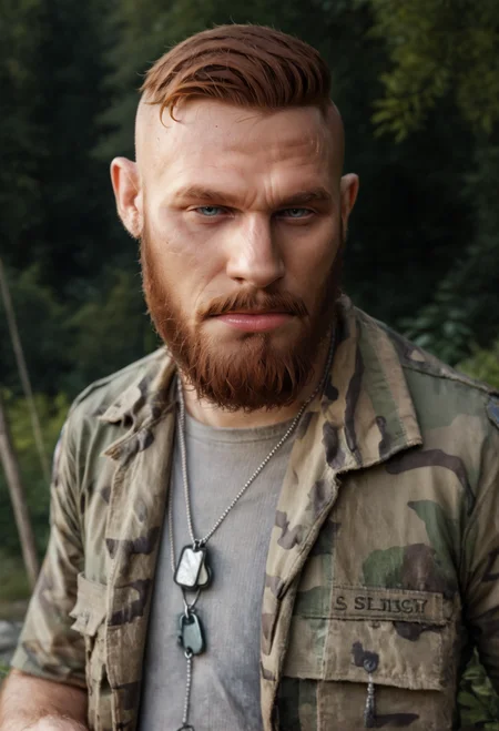 score_9, score_8_up, score_7_up, 1boy, male focus, mature male, blue eyes, short hair, undercut, facial hair, beard, mustache, upper body, grey_shirt, camouflage_jacket, dog_tags, necklace,
standing, looking at viewer,
outdoor, forest, night, <lora:Jacob_Seed_2:1> raw, photo, realistic,