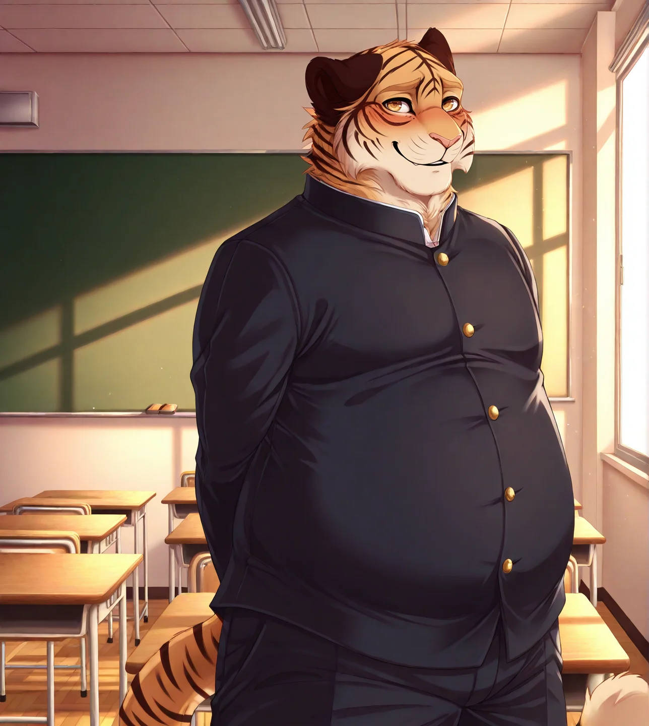 (solo), anthro, furry, male, male focus, solo, junTA, chubby, shy, gakuran, looking at viewer, smile, classroom, Japanese classroom,
BREAK masterpiece, best quality, amazing quality, very aesthetic, high resolution, ultra-detailed, absurd res, newest, scenery, <lora:JunTA:1>