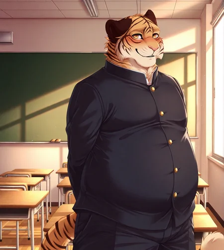 (solo), anthro, furry, male, male focus, solo, junTA, chubby, shy, gakuran, looking at viewer, smile, classroom, Japanese classroom, 
BREAK masterpiece, best quality, amazing quality, very aesthetic, high resolution, ultra-detailed, absurd res, newest, scenery, <lora:JunTA:1>