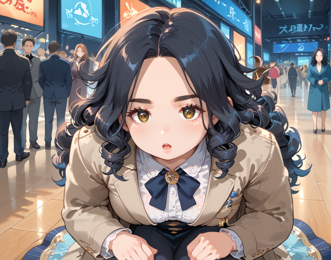 PonyScores7, source_anime, ah1, IllustriousQual, <lora:natsumi_style:0.5>, <lora:by_usakun-pony:0.4> by usakun, <lora:Akina_Bbw_Style_-_PonyXL:0.2> AkinBw
BREAK (Ground level, (from back), medium distance from viewer focus on chest)
BREAK 1girl, mature female, (round face:1.2), (thick eyebrows:1.3), (curvy), round-chin, caucasian, (plump face), <lora:Round_face:0.2>, <lora:ETO_OCPonyXL:0.3> eto_oc, skindentation, (plump), thick thighs, wide hips, busty, voluptuous, lips, <lora:venus body PonyXL:0.3>, <lora:shinyskin2:0.2> glistening skin
BREAK  (((curly hair), long hair, (black hair:1.4), (parted hair:1.7), messy hair, kinky curls, <lora:hairdetailpxl:0.2> hairdetailpxl))
BREAK ((brown eyes), (colorful eyes), (downturned eyes:1.4), <lora:expressive eyes:0.2> expressive eyes, <lora:eyedetailpxl:0.2> eyedetailpxl, <lora:Eyes_High_Definition:0.2> EyesHD)
BREAK ((Confused, Wide-open eyes, a slightly furrowed brow, and a slightly open mouth,  <lora:Expressive_H:0.2> Expressiveh, <lora:Emotional_Anime_Expressions_PonyXL_Concept:0.2> emotional, <lora:Best_Facial_Expression_LoRA_PONY:0.2>, looking at viewer, <lora:Detailed expressive EXEV style -XL Pony V1.0:0.2> FaceDetail))
BREAK ((Kneeling down with hands resting on thighs,))
BREAK ua blue Belted trench coat
BREAK (((a glamorous stage, featuring luxurious lighting, sophisticated decor, energetic crowd, chic props, elegant backdrops)))
BREAK <lora:xl_more_art-full_v1:0.2>, <lora:aesthetic_anime_v1s:0.2>, <lora:EpicF4nta5yXL:0.2>, <lora:detailxl:0.2> detailxl, <lora:Fant5yP0ny:0.2>, best quality, amazing quality, best aesthetic, absurdres, illustration, Volumetric_Lighting, ultra-detailed, very aesthetic, intricate details, 8k, masterpiece, best_quality
BREAK Stable_Yogis_PDXL_Positives, AS-Adult, <lora:Complicated fantasy portrait - XL Pony V2.0:0.2>, bad-hands-5, <lora:HDA_Detailer:0.3>, HDA_FatGirlXL
