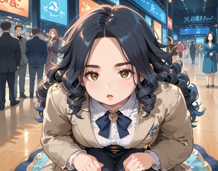 PonyScores7, source_anime, ah1, IllustriousQual, <lora:natsumi_style:0.5>, <lora:by_usakun-pony:0.4> by usakun, <lora:Akina_Bbw_Style_-_PonyXL:0.2> AkinBw
BREAK (Ground level, (from back), medium distance from viewer focus on chest)
BREAK 1girl, mature female, (round face:1.2), (thick eyebrows:1.3), (curvy), round-chin, caucasian, (plump face), <lora:Round_face:0.2>, <lora:ETO_OCPonyXL:0.3> eto_oc, skindentation, (plump), thick thighs, wide hips, busty, voluptuous, lips, <lora:venus body PonyXL:0.3>, <lora:shinyskin2:0.2> glistening skin
BREAK  (((curly hair), long hair, (black hair:1.4), (parted hair:1.7), messy hair, kinky curls, <lora:hairdetailpxl:0.2> hairdetailpxl))
BREAK ((brown eyes), (colorful eyes), (downturned eyes:1.4), <lora:expressive eyes:0.2> expressive eyes, <lora:eyedetailpxl:0.2> eyedetailpxl, <lora:Eyes_High_Definition:0.2> EyesHD)
BREAK ((Confused, Wide-open eyes, a slightly furrowed brow, and a slightly open mouth,  <lora:Expressive_H:0.2> Expressiveh, <lora:Emotional_Anime_Expressions_PonyXL_Concept:0.2> emotional, <lora:Best_Facial_Expression_LoRA_PONY:0.2>, looking at viewer, <lora:Detailed expressive EXEV style -XL Pony V1.0:0.2> FaceDetail))
BREAK ((Kneeling down with hands resting on thighs,))
BREAK ua blue Belted trench coat
BREAK (((a glamorous stage, featuring luxurious lighting, sophisticated decor, energetic crowd, chic props, elegant backdrops)))
BREAK <lora:xl_more_art-full_v1:0.2>, <lora:aesthetic_anime_v1s:0.2>, <lora:EpicF4nta5yXL:0.2>, <lora:detailxl:0.2> detailxl, <lora:Fant5yP0ny:0.2>, best quality, amazing quality, best aesthetic, absurdres, illustration, Volumetric_Lighting, ultra-detailed, very aesthetic, intricate details, 8k, masterpiece, best_quality
BREAK Stable_Yogis_PDXL_Positives, AS-Adult, <lora:Complicated fantasy portrait - XL Pony V2.0:0.2>, bad-hands-5, <lora:HDA_Detailer:0.3>, HDA_FatGirlXL