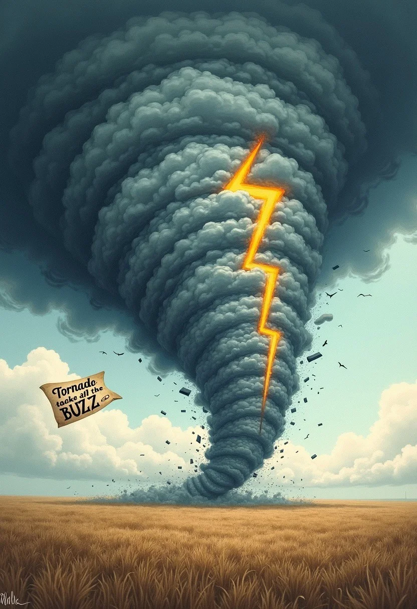 view from inside a tornado, within the tornado there are 3D stylized thunderbolts flying around and an flying paper saying "Tornado took all my BUZZ". the picture is a realistic drawing.