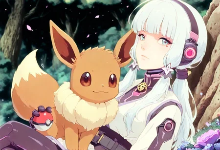 <lora:ck-shadow-circuit-IL:0.78>,
masterpiece, best quality, good quality, very aesthetic, absurdres, newest, 8K, depth of field, focused subject,
dynamic angle, manga, anime, ink sketch, dynamic angle, dutch angle, wabi sabi, 1girl trainer, holding a pokeball, Eevee pokemon (creature) sitting on her lap, looking at viewer, relaxing, motion lines, bronze palette, background trees and forest with floating flower petals in the wind
<lora:MoriiMee_Gothic_Niji_Style_Illustrious_r1:0.45>
<lora:ck-nc-cyberpunk-IL-000011:0.4>
<lora:ck-neon-retrowave-IL:0.2>
<lora:ck-70s-scifi-IL:1>