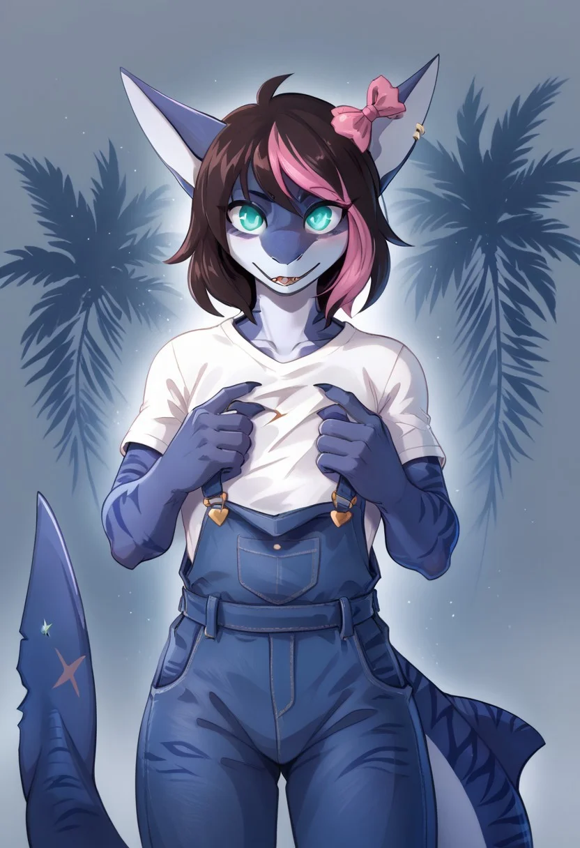 <lora:Scappo_Style_v2_PonyXL:0.8> by scappo, scappo,  score_9, score_8_up, score_7_up, moonlitepxl, femboy,solo, anthro shark,medium hair, multicolored hair, dark hair, pink hair,bow, stripes on body, turquoise eyes, BREAK, Portrait, pink T-shirt, blue overalls, holds hands in front of him, hands at chest level, palms open, blue light burning in palm, head slightly tilted, glowing eyes, dark atmosphere, background dark,