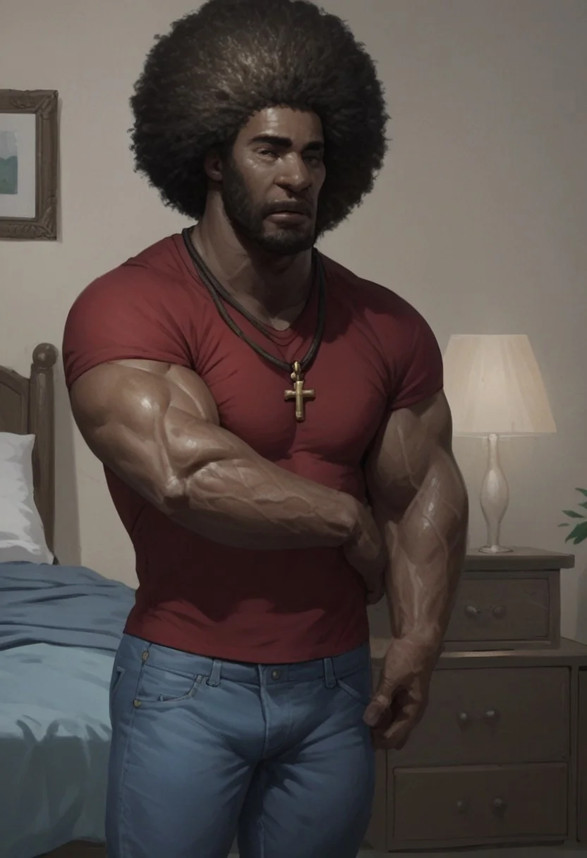 score_9, score_8_up, score_7_up, score_6_up, rating_explicit, view from front, cowboy portrait, head in frame, bedroom, messy bedroom, source_cartoon, 1boy, Jer0m3_W4shing0n, R3g_outf1t, red shirt, blue jeans, cross necklace, afro, missing tooth, muscular male,