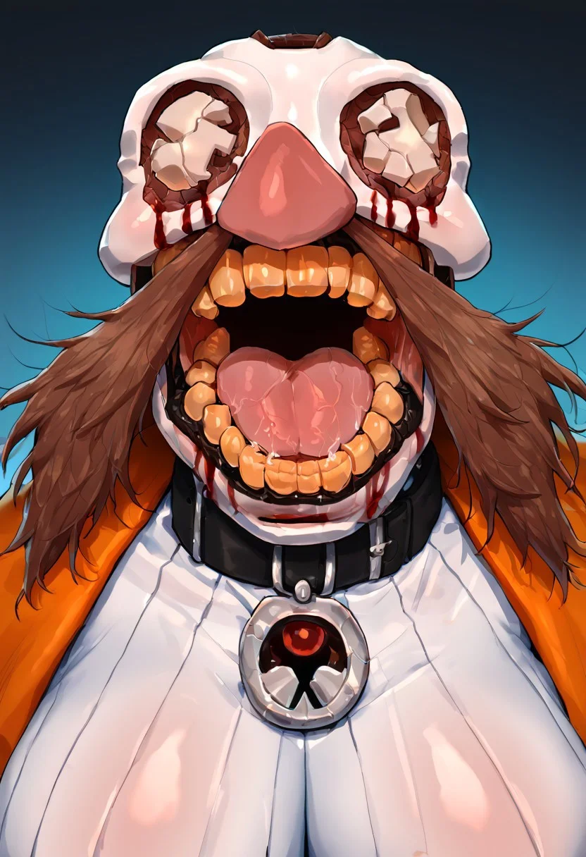 score_9, score_8_up, score_7_up, score_6_up, score_5_up, score_4_up, best quality, masterpiece, Soul_EggmanEXE, open mouth, 1girl, facial hair, beard, mustache, exaggerated, grotesque features, skull is exposed revealing the brain, large, yellow teeth. Prominent red-brown mustache, sinister appearance, distorted appearance with exaggerated features, cracked skull, mismatched teeth, tattered red shirt, with an orange cape-like collar, elongated limbs, black pants and shoes, ripped hands, 2 white buttons on pants, lacks eyes, horror (theme), jaw hangs open limply, Blood drips from eye sockets and mouth, huge natural breasts+++, clevage+++, excessive cleavage+++, cleavage focus+++, thick thighs, wide hips+++, female+++, female only+++, female focus+++, by hanuvo, looking at viewer lovingly, furry+++, motherly look+++, by hanuvo