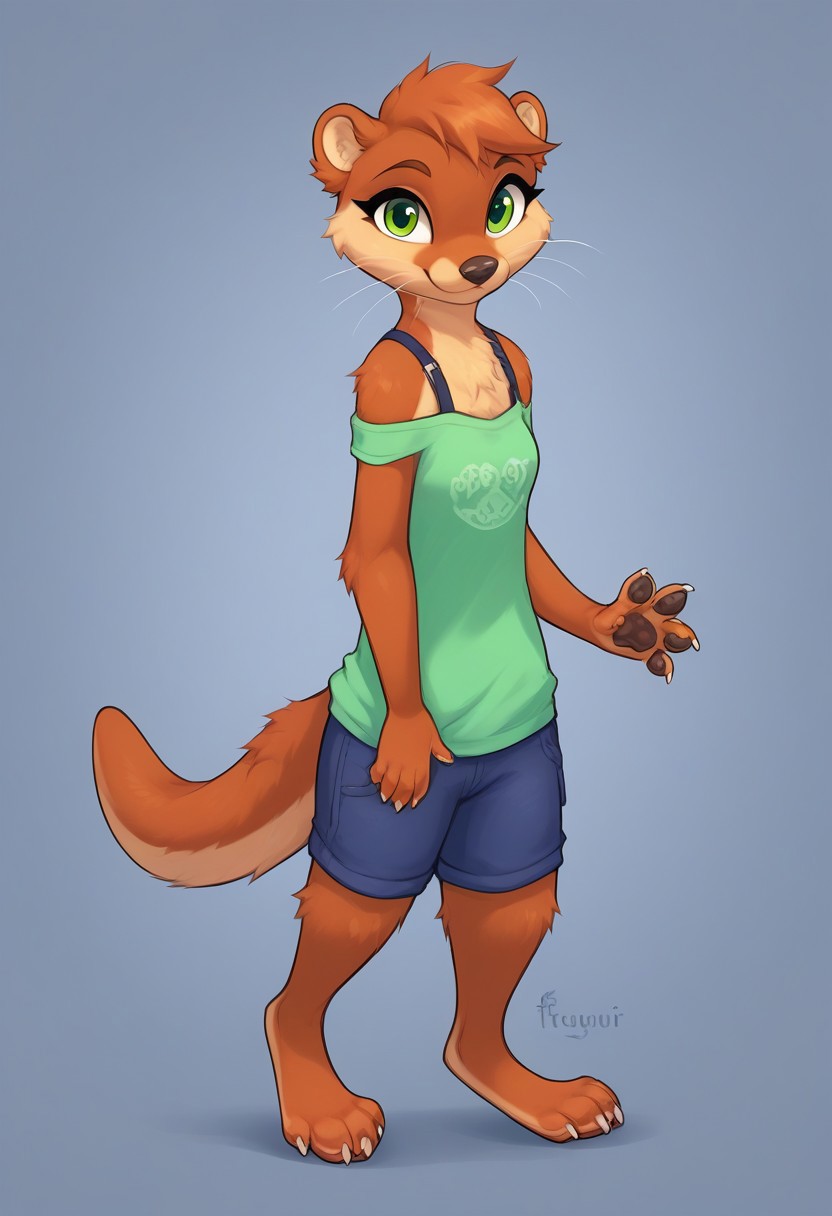 (easynegative 1)  4toes, , claws, female, anthro,  furry, green eyes looking at viewer, standing, short dress, shorts, mustelid,  pawpads, paws, simple background, solo, tail behind, toe claws, cute