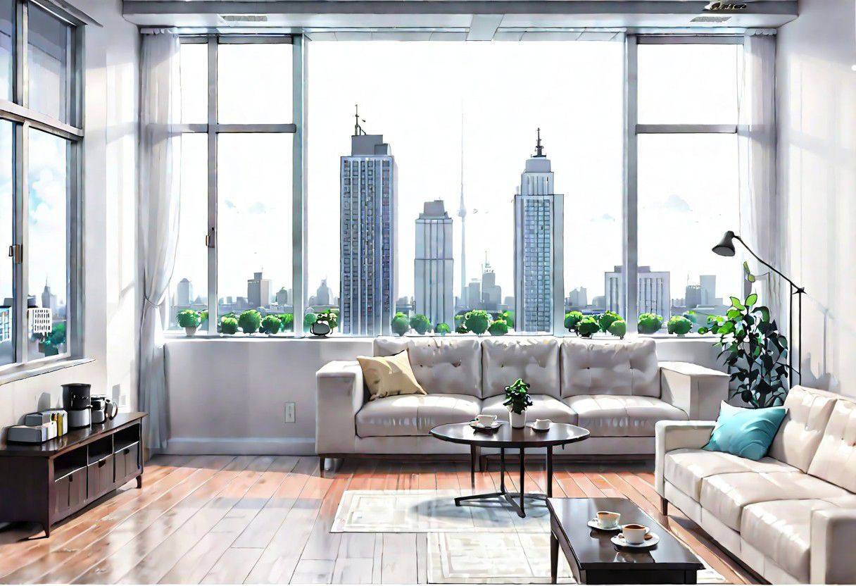 ((((front view)))), Shallow scene, ((animation style)), (((City high-rise building scenery))), ((((City scenery outside the window)))), (Facing the window), (open window), modern-style interior, Wooden floor, with white walls, (large windows), a living room, sofa and coffee table by the window sill,  (((Sofa placed horizontally))), (Behind the sofa is the window sill), noon, clear sky, low saturation