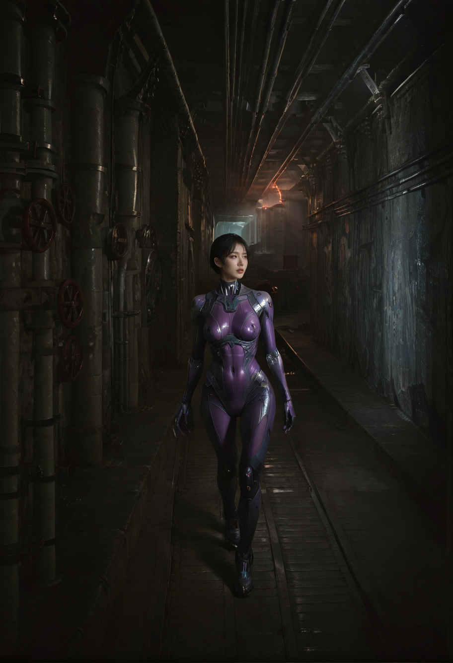 ,ruanyi0886,indoors,tunnel,pillar,
1girl,,ruanyi0867,purple bodysuit,cyborg,science fiction,skin tight,<lora:0886 tunnel_v1_pony:1>,<lora:0867 Battle suit_v1_pony:0.7>, score_9,score_8_up,score_7_up,,8k,1girl,solo,,