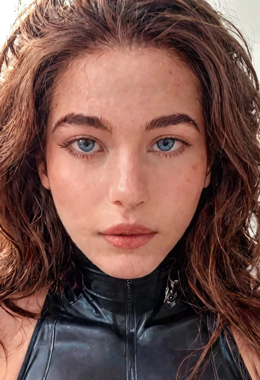 score_9, Raw Photo, (left three-quarter angle:1.3), 4ng3l face, warm blue eyes, gentle hopeful expression, tousled brown hair framing face:1.1, soft eyebrow arch, high cheekbones, slight warm smile:1.2, tender expression, flawless skin catching light:1.2, perfect face harmony:1.2, ultra sharp facial details:1.4, sleek high-tech bodysuit, soft lighting:1.3, cinematic color grading, sharp details:1.4, realistic skin texture:1.4, super detailed, photo realistic, masterpiece