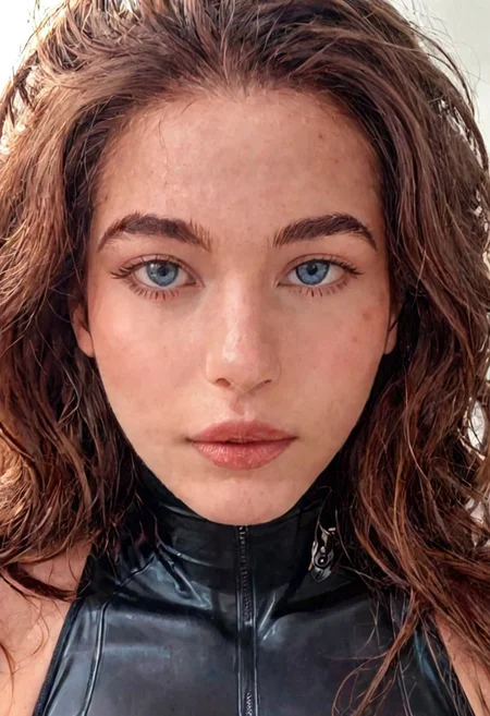 score_9, Raw Photo, (left three-quarter angle:1.3), 4ng3l face, warm blue eyes, gentle hopeful expression, tousled brown hair framing face:1.1, soft eyebrow arch, high cheekbones, slight warm smile:1.2, tender expression, flawless skin catching light:1.2, perfect face harmony:1.2, ultra sharp facial details:1.4, sleek high-tech bodysuit, soft lighting:1.3, cinematic color grading, sharp details:1.4, realistic skin texture:1.4, super detailed, photo realistic, masterpiece