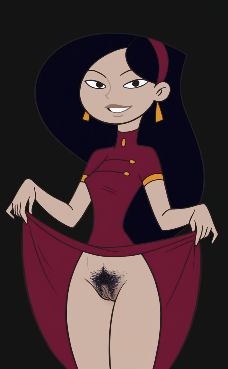 masterpiece, best quality, high quality, 

1girl, KyokoYoshiko, flat colors, parody, score_9, black hair, black eyes, red hairband, red dress

simple black background, looking at viewer, smile, skirt lift, hairy pussy