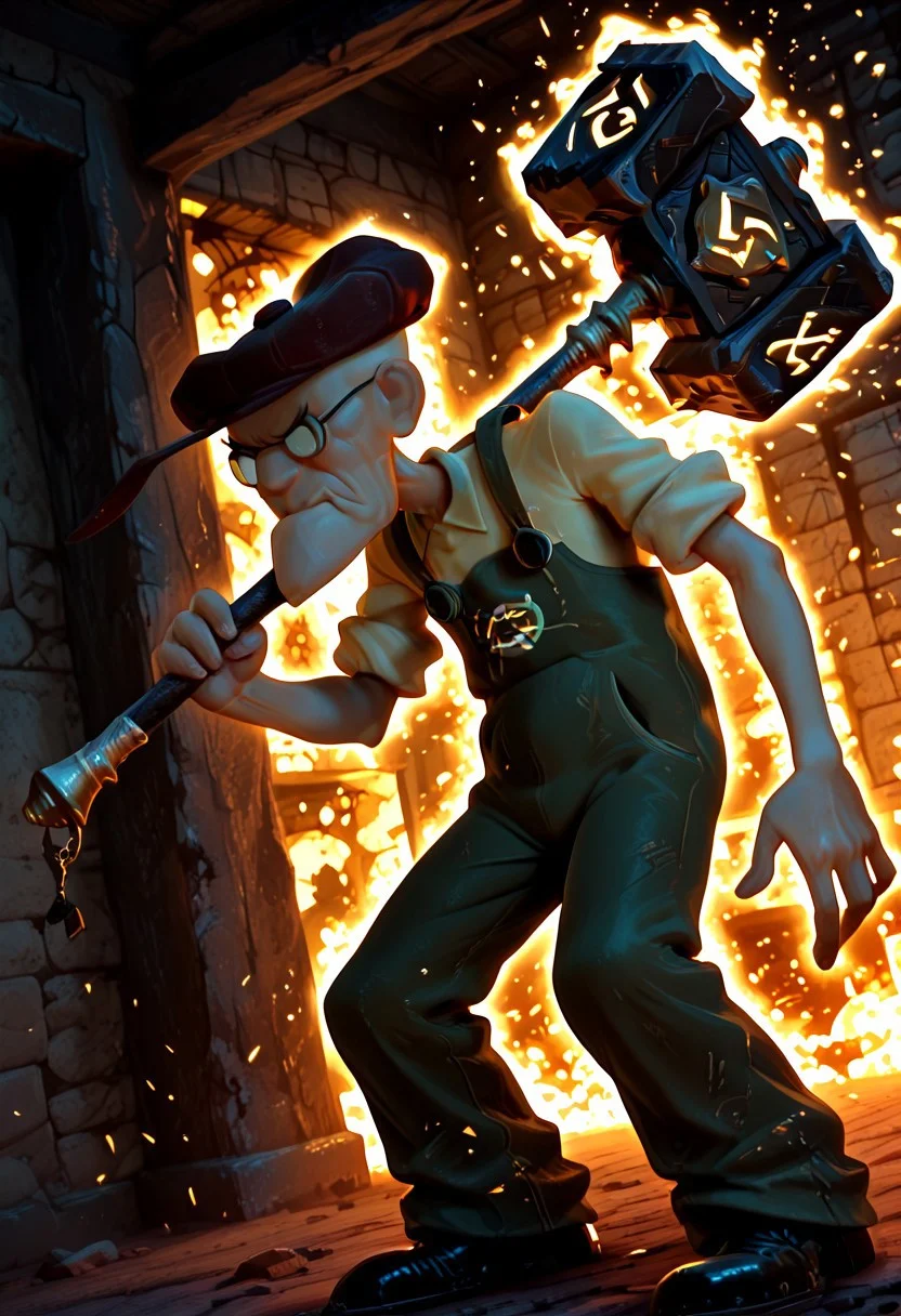 Flatline, Flat vector illustration, masterpiece, best quality, good quality, very aesthetic, absurdres, newest, 8K, depth of field, focused subject, dynamic angle, close up 1boy, solo, Eustace, Bagge, Green overalls, yellow shirt, hat, glasses, grumpy expression, hammer, holding, magical hammer, arcane glow, closeup,